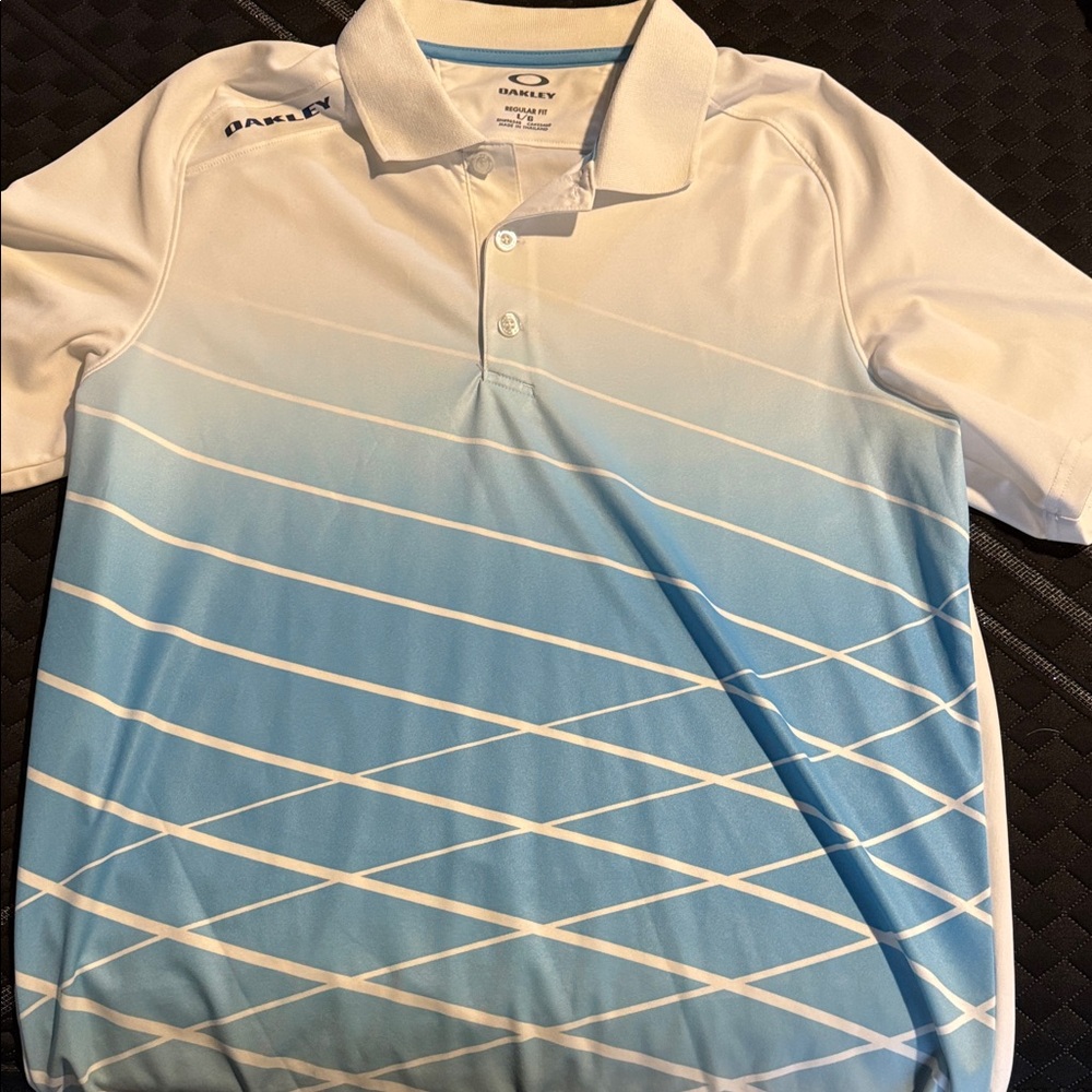 Oakley Men's White to Light Blue Gradient Polo with Diagonal Stripe